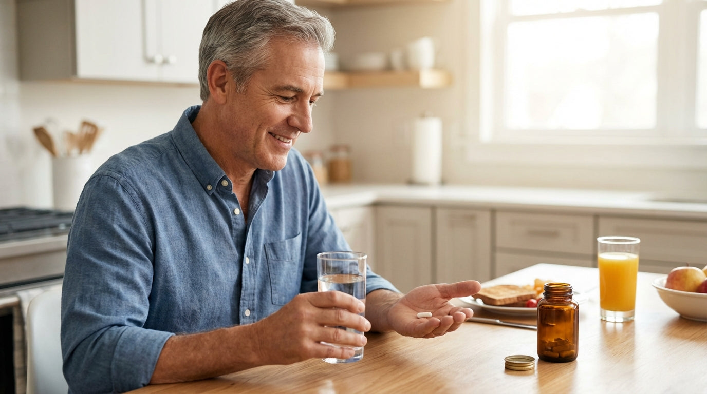 Man taking a CoQ10 capsule supplement with food
