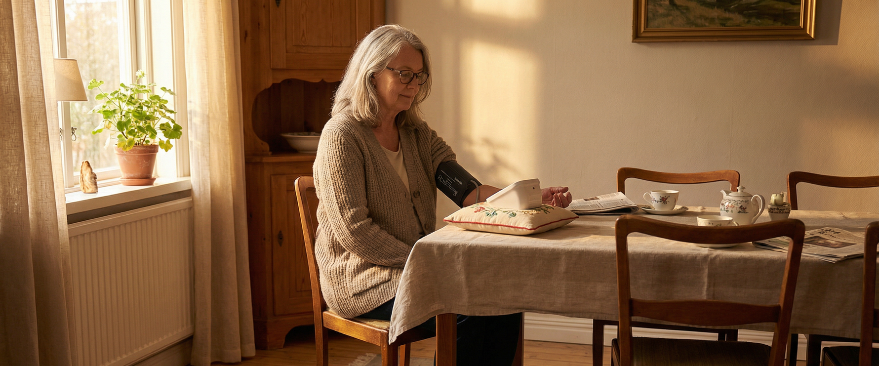 Woman measuring her blood pressure at the dining table