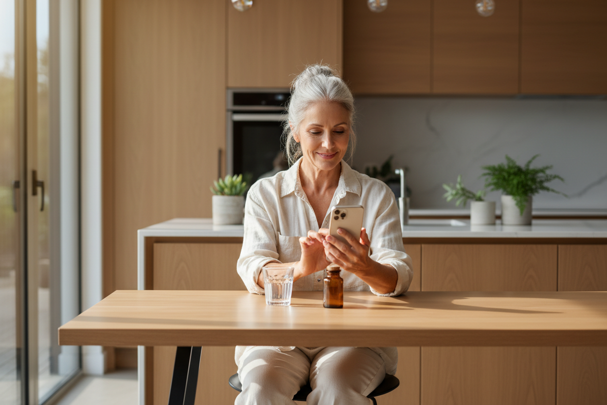 A woman in her early 60s sits at a bright kitchen table in the morning light, relaxed and reading on her phone, with a glass of water and a supplement bottle nearby.