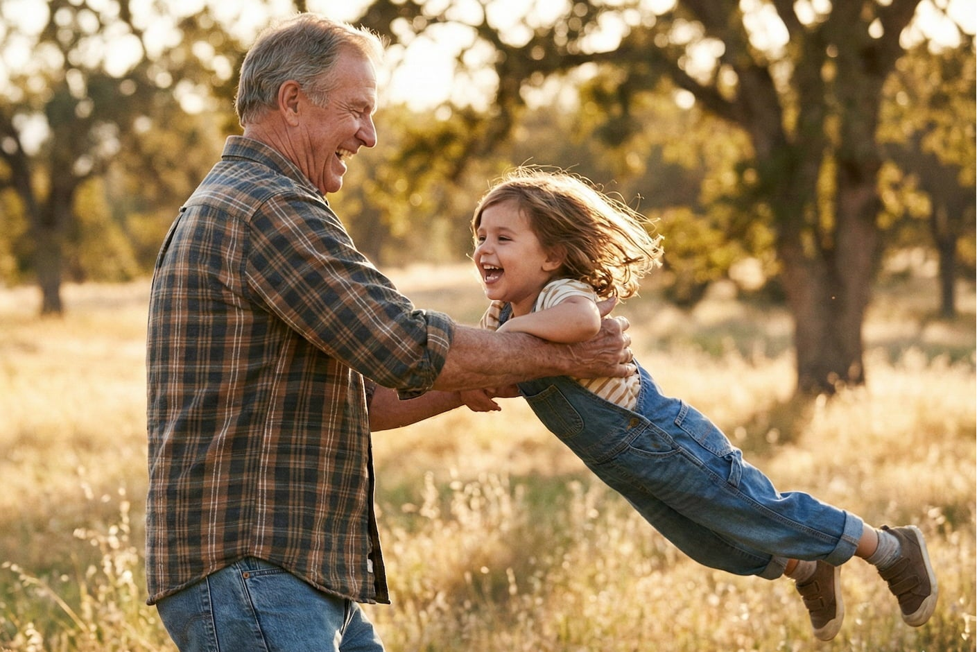 Grandfather lifting his granddaughter in a field with trees in the background