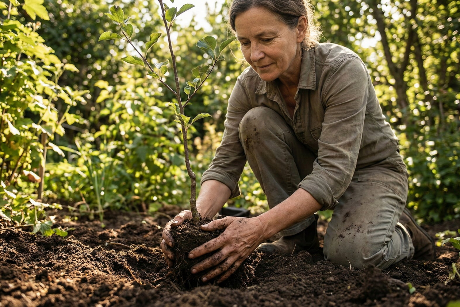Woman planting a tree in a garden