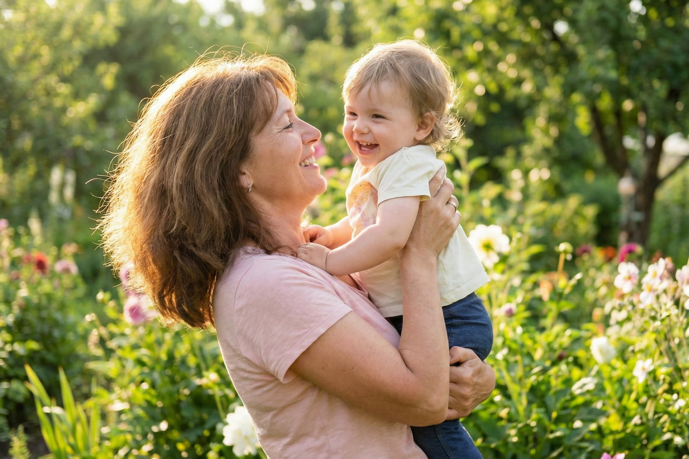 Woman holding a child in a garden with flowers and trees in the background
