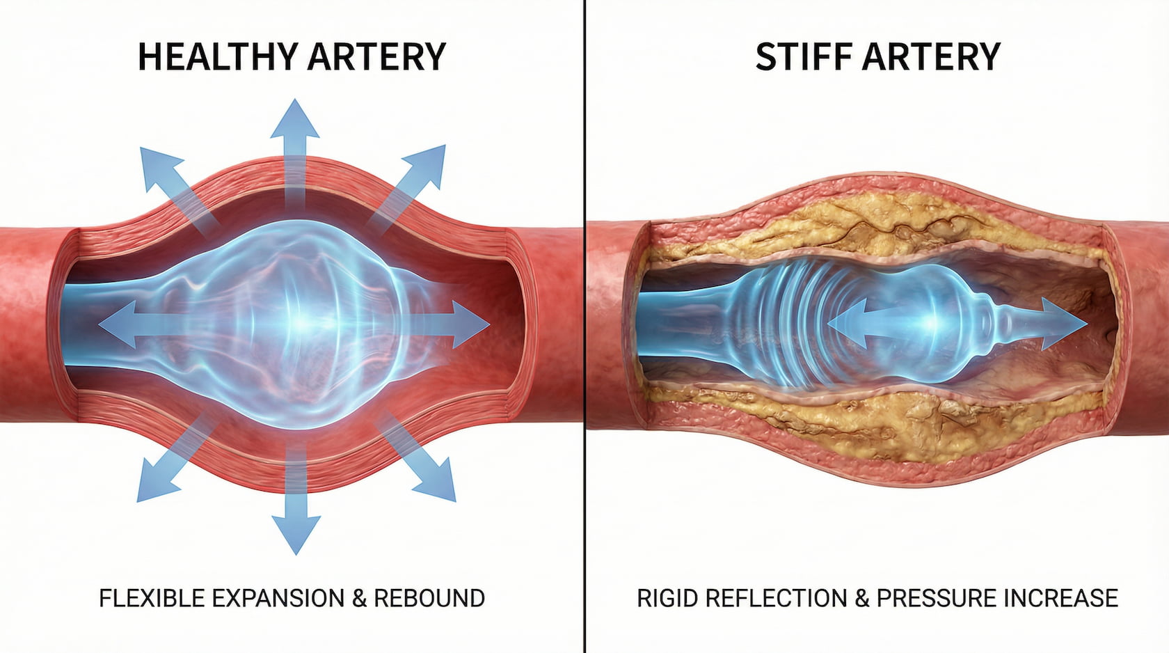 Diagram comparing a healthy artery with flexible expansion and a stiff artery with rigid reflection.