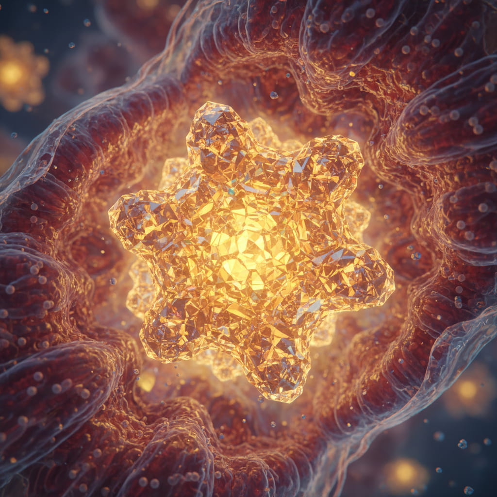 Close-up of a glowing molecule, showing healthy cellular energy production