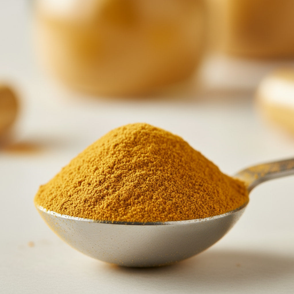 CoQ10 (Coenzyme Q10) powder in a metal scoop