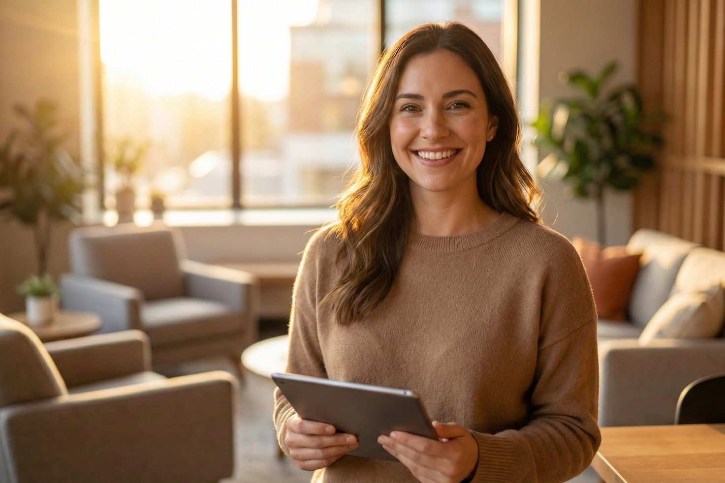 Woman holding a tablet in a modern reception room with large windows.