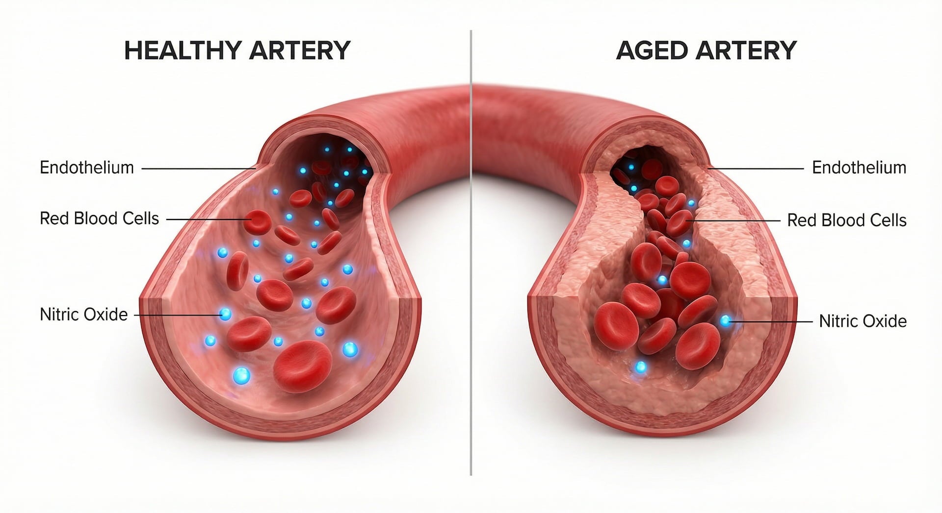 Diagram comparing a healthy artery and an aged artery, showing differences in blood flow and cell composition.