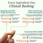 Infographic detailing the clinical benefits of MegaNatural-BP® Grape Seed Extract, Olive Leaf Extract, and Coenzyme Q10, ingredients in Heartheris Flow™ supplement for healthy blood pressure support
