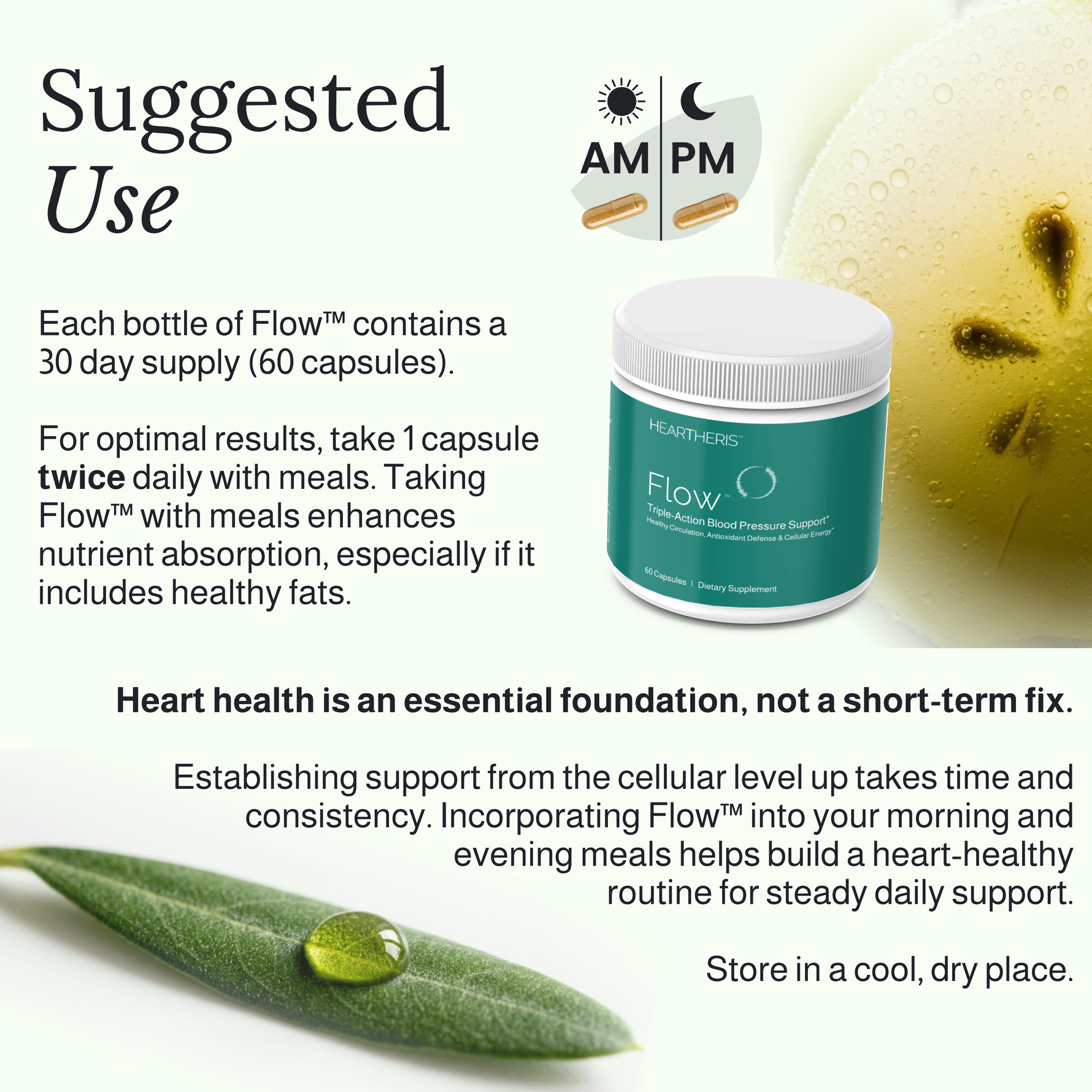 How to take Flow™ to support healthy blood pressure: Suggested use and heart-healthy routine.