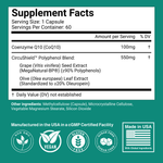 Supplement facts label of Flow™, which contains Coenzyme Q10, MegaNatural-BP® Grape Seed Extract and Olive Leaf Extract. Trust badges and certifications.