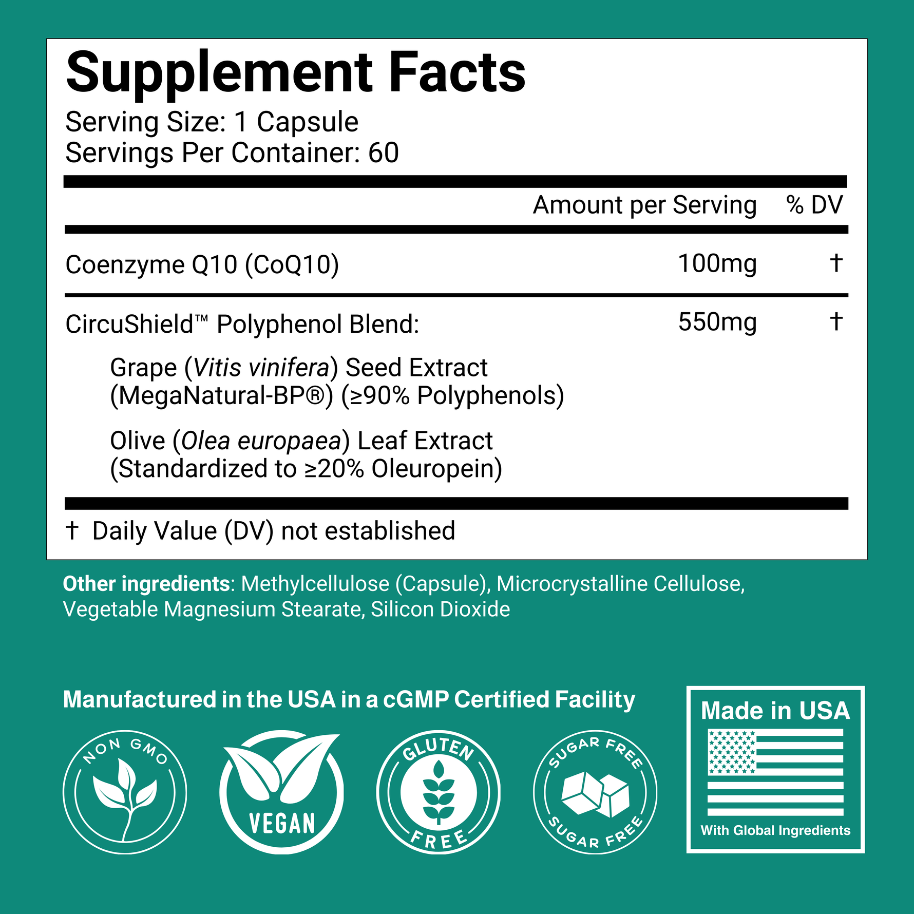 Supplement facts label of Flow™, which contains Coenzyme Q10, MegaNatural-BP® Grape Seed Extract and Olive Leaf Extract. Trust badges and certifications.