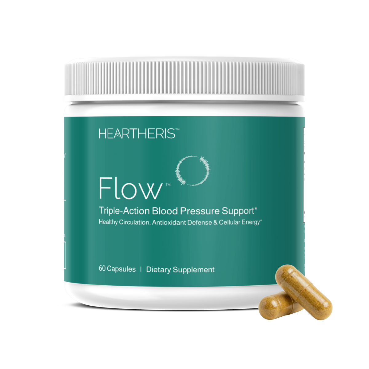 A bottle of Heartheris Flow™ supplement for triple-action blood pressure support, with capsules on a clear background
