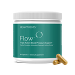 A bottle of Heartheris Flow™ supplement for triple-action blood pressure support, with capsules on a clear background