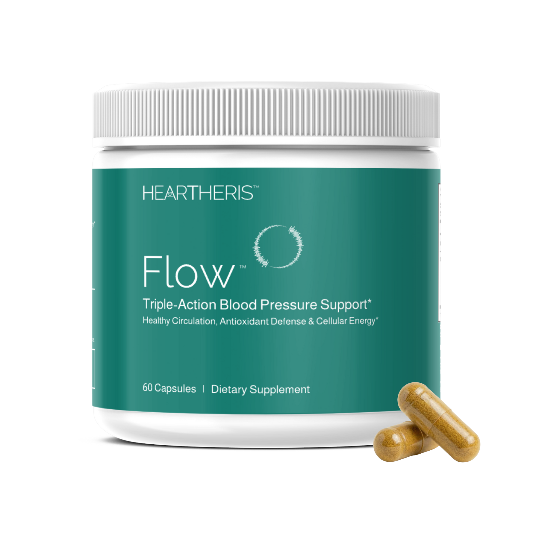 A bottle of Heartheris Flow™ supplement for triple-action blood pressure support, with capsules on a clear background