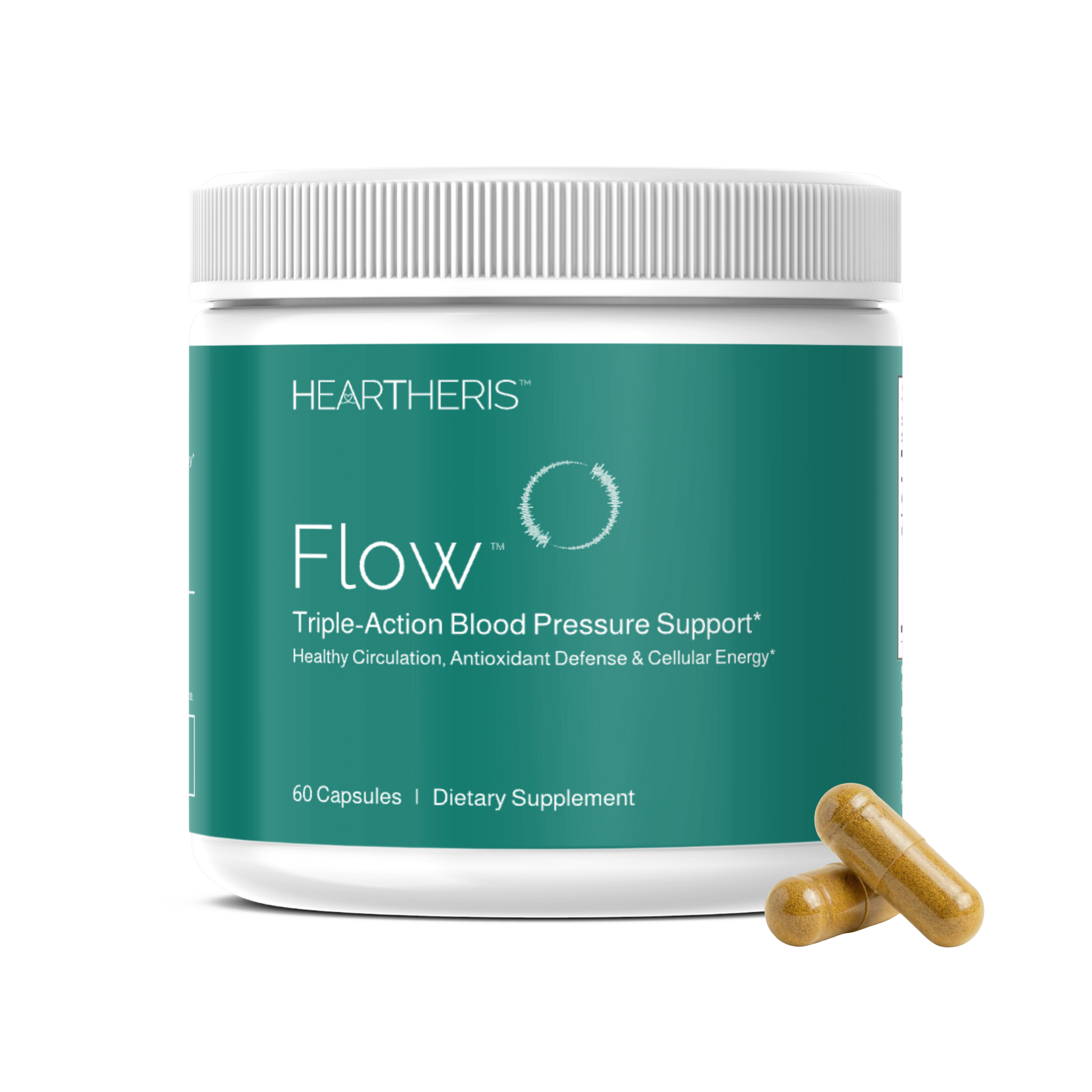 A bottle of Heartheris Flow™ supplement for triple-action blood pressure support, with capsules on a clear background