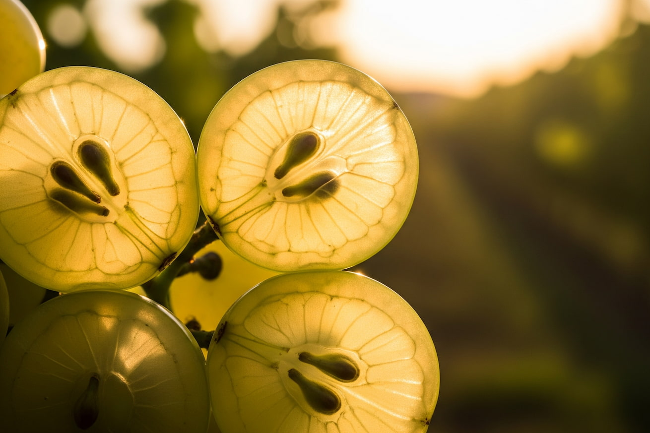 Close-up photo of white wine-grapes with their seeds, with a natural Californian vineyard background