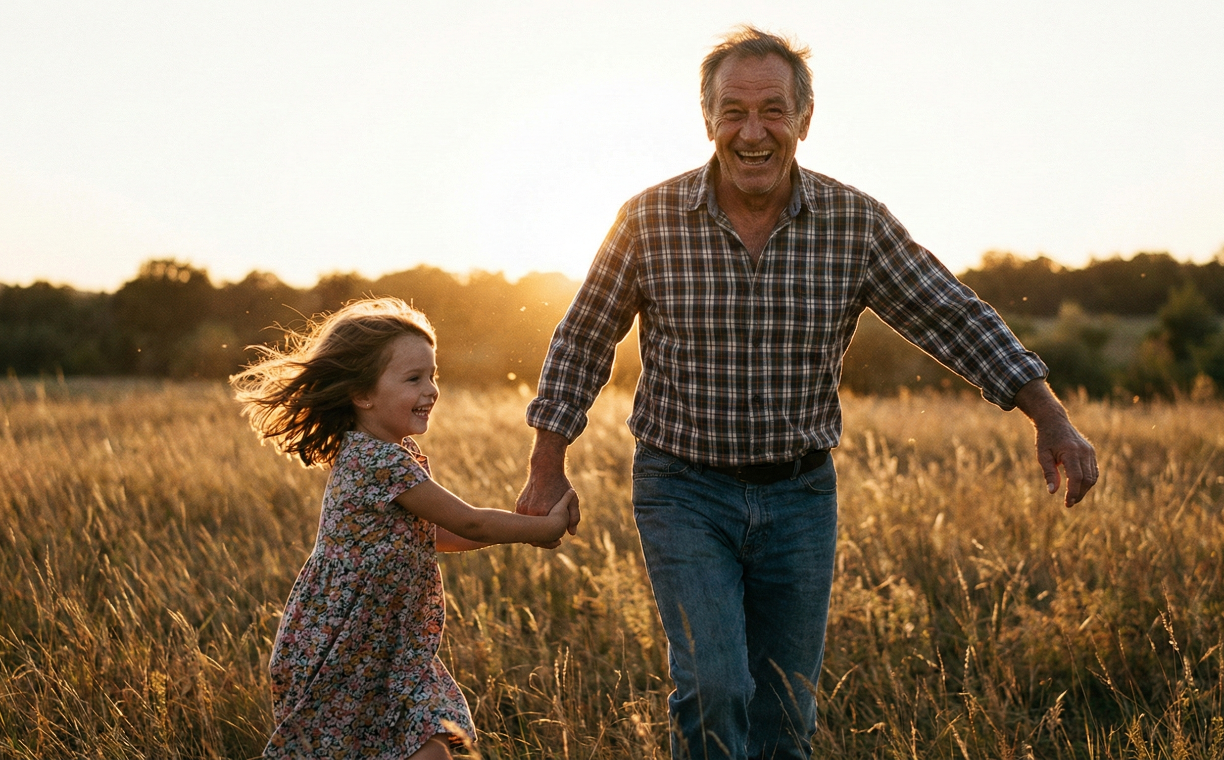 Grandfather and granddaughter running and laughing together in a field at sunset