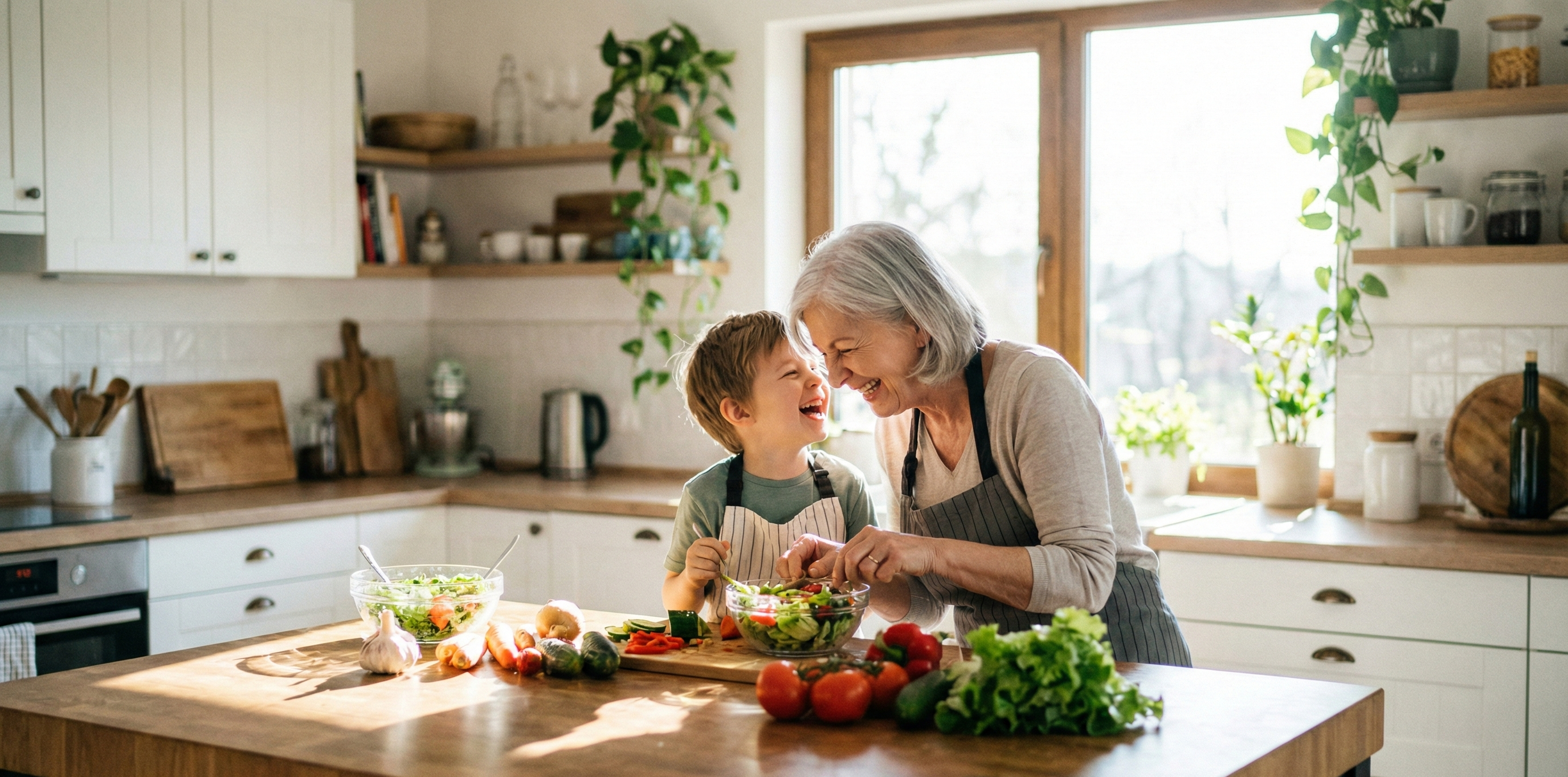 Grandmother and grandson preparing heart-healthy food together in a bright kitchen