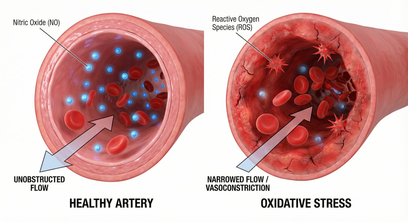 Diagram comparing a healthy artery with unobstructed blood flow, and oxidative stress and constricted flow in a narrowed artery.