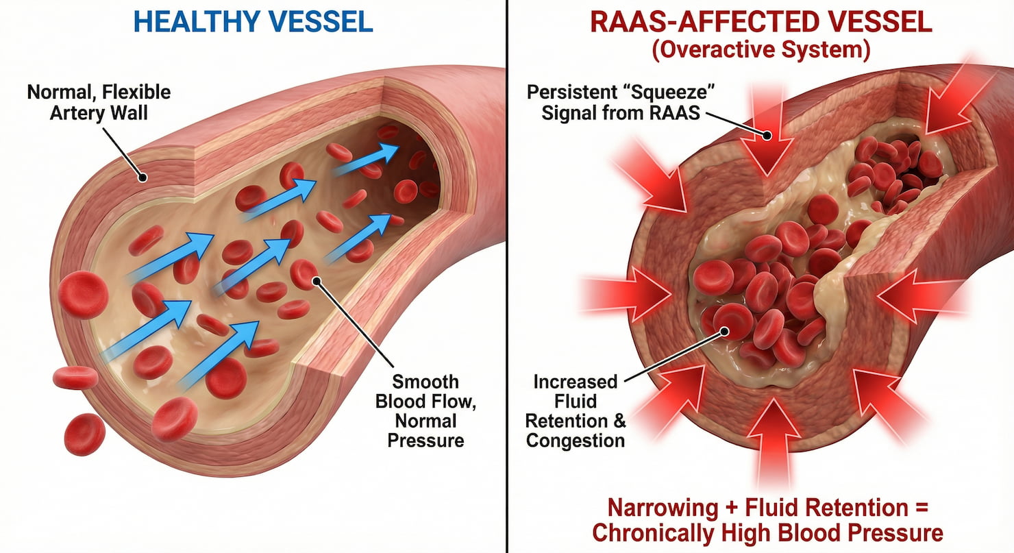 Diagram comparing a healthy artery vessel with normal blood flow to one affected by RAAS, showing fluid retention issues that contribute to high blood pressure