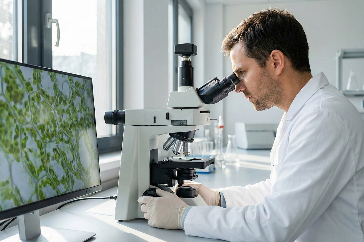 Scientist using a microscope in a laboratory setting