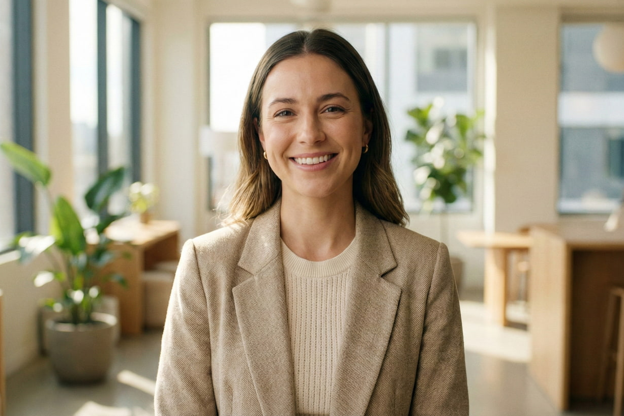 Woman in a beige blazer standing in a bright, modern office space.