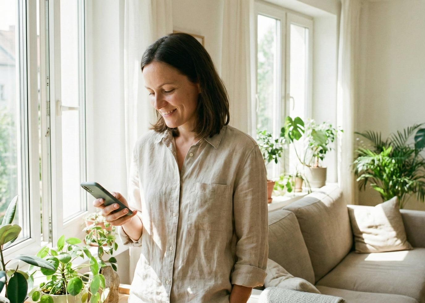 Woman using a smartphone in a bright living room with plants