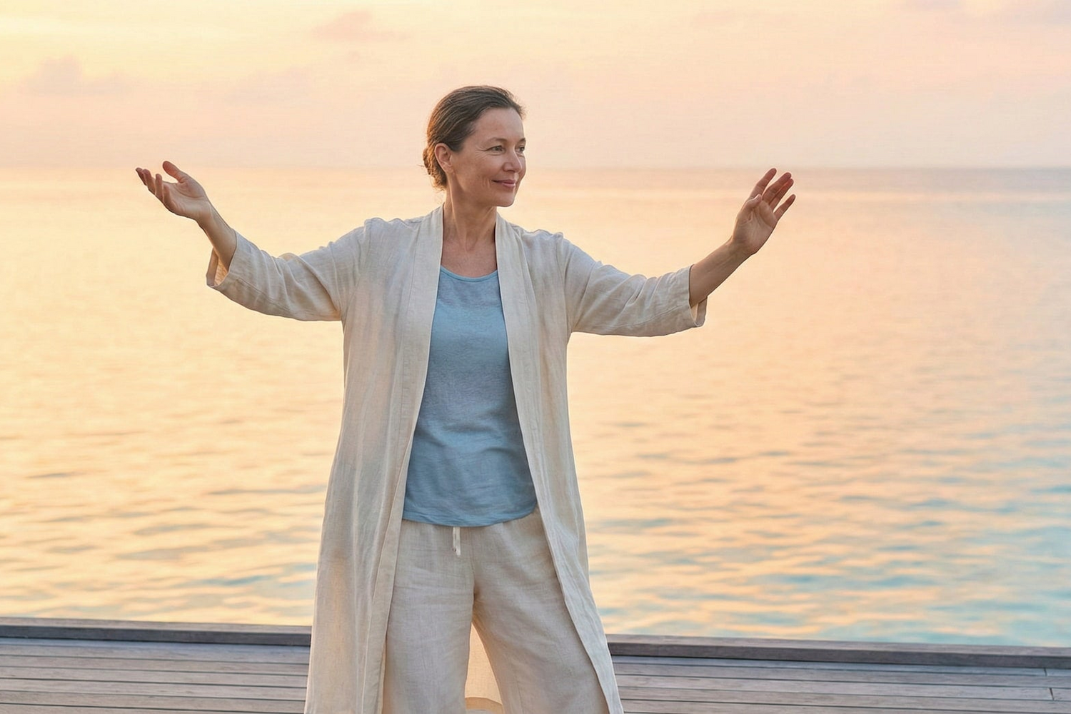 Woman standing with arms outstretched and doing gentle exercise by a body of water at sunrise